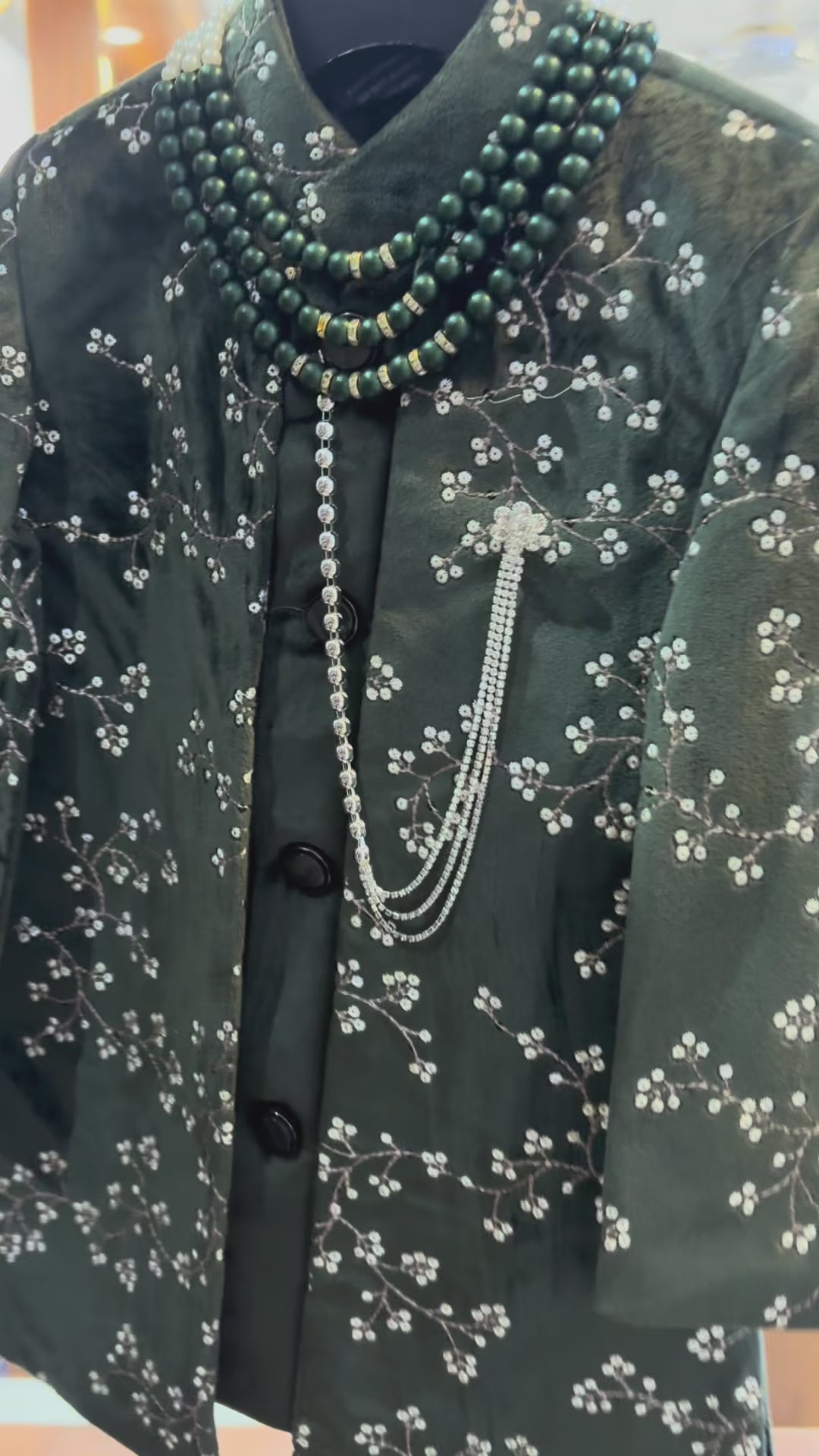Load video: Kids Boys Designer Velvet Sherwani with Floral Embroidery &amp; Free Mala – Festive Wear