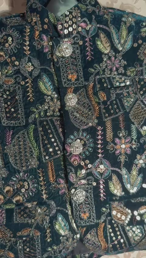 Load video: Designer Embroidered Velvet Baby Boy Outfit – Dark Peacock Green