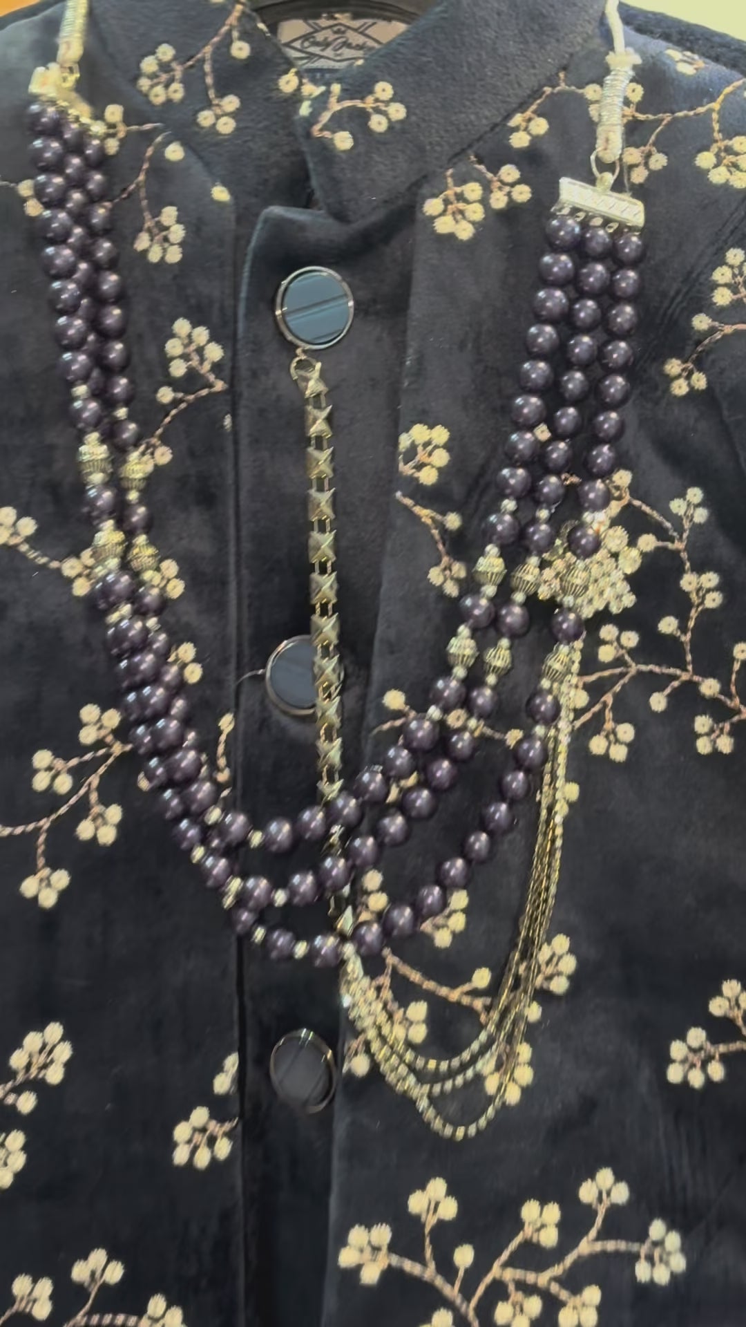 Load video: Kids Boys Designer Velvet Sherwani with Floral Embroidery &amp; Free Mala – Festive Wear