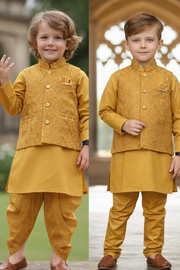 Mustard Gold Boys Ethnic Wear Set – Kurta, Jacket & Dhoti Pant [4 pcs set]